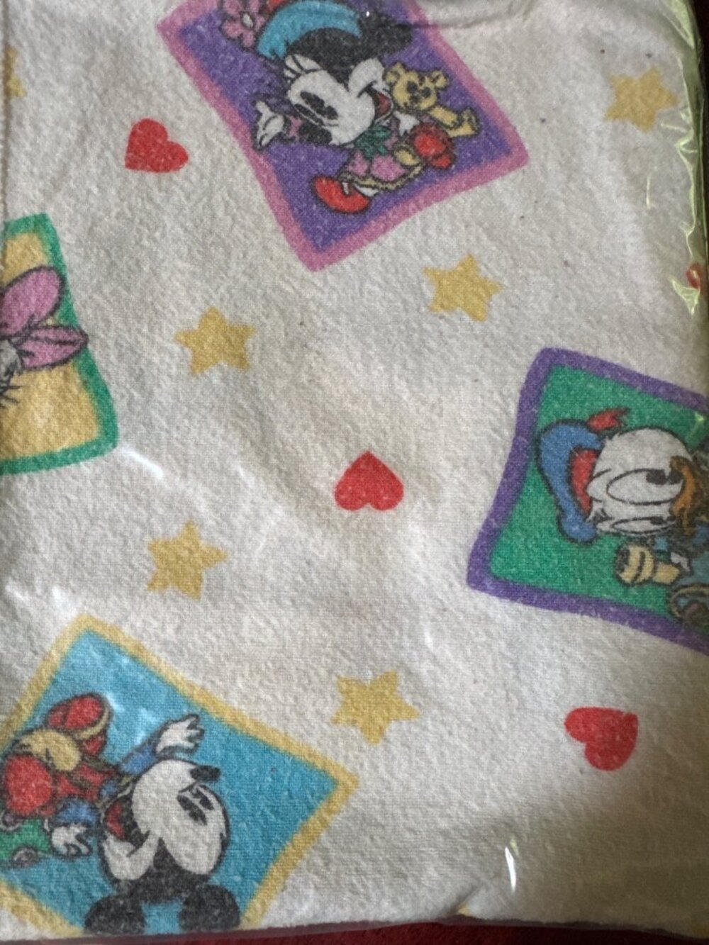Vintage FLAWED Disney Mickey & Friends Baby Blanket With Hearts & Stars Pattern